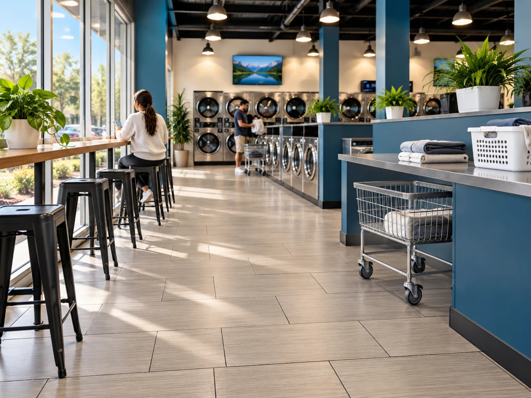 Commercial washers and open aisles inside Bullis Laundry